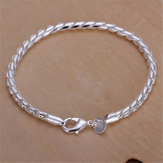 925 Silver Plated Fashion Solid Round Snake Bracelet - Urban Mart