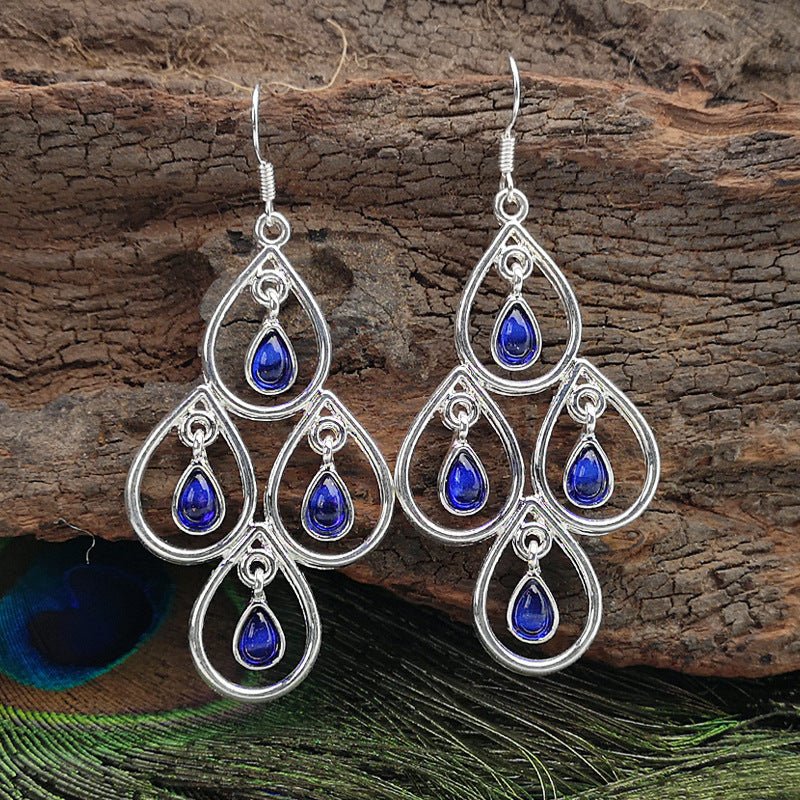 European And American Popular Creative Peacock Blue Moonstone Exaggerated Earrings - Urban Mart