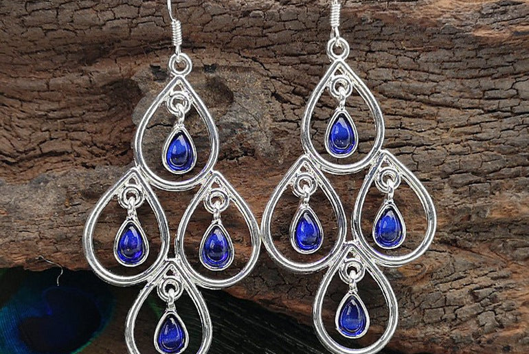 European And American Popular Creative Peacock Blue Moonstone Exaggerated Earrings - Urban Mart