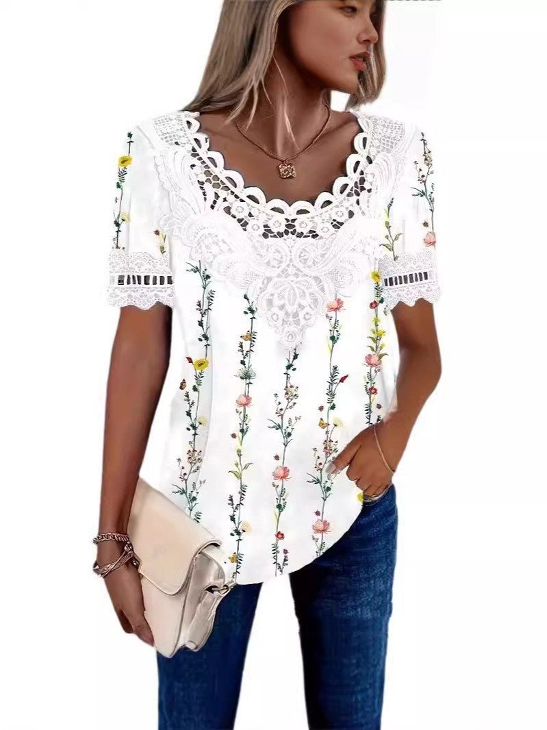 Fashionable Elegant Casual Hollow Lace Women's T-shirt - Urban Mart