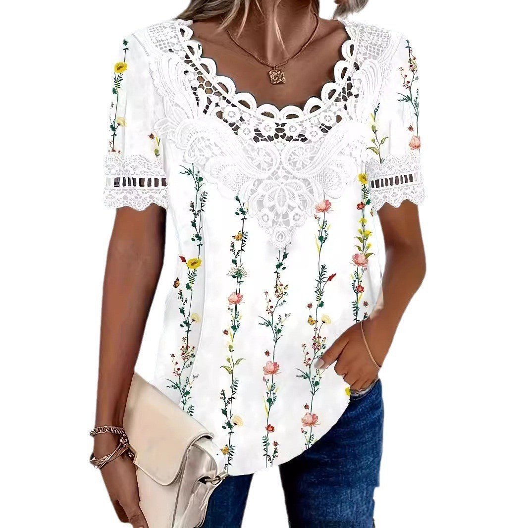 Fashionable Elegant Casual Hollow Lace Women's T-shirt - Urban Mart