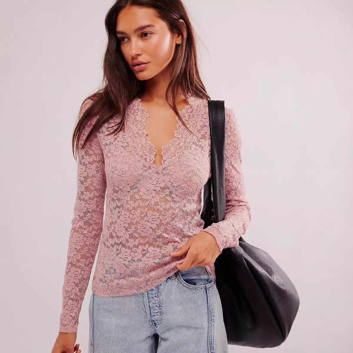 Hollow Lace Long - sleeved Top Bottoming Shirt V - neck - Urban Mart