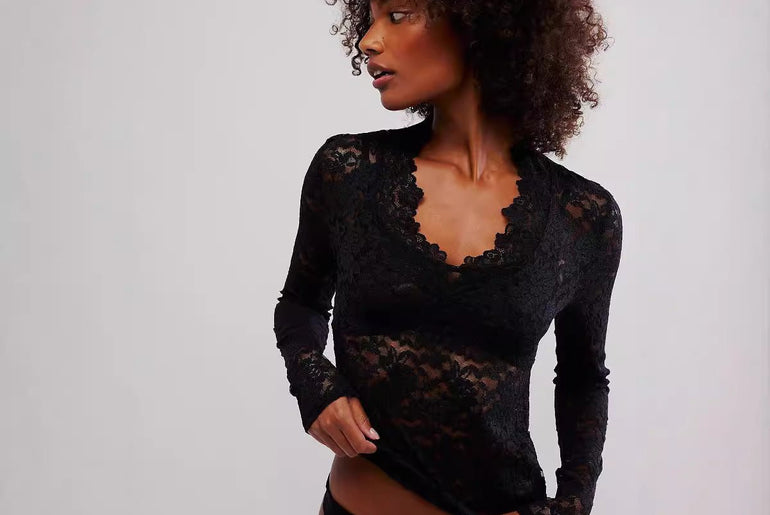 Hollow Lace Long - sleeved Top Bottoming Shirt V - neck - Urban Mart