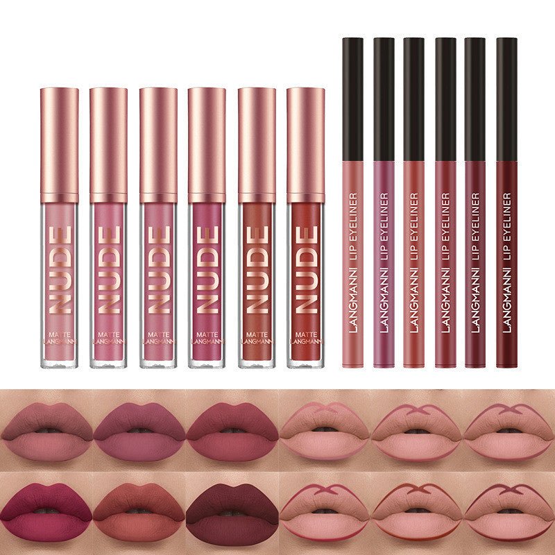 Lip Liner And Lipstick Makeup 12 Pcs Set 6 Matte Lipstick 6 Lip Liner Pens - Urban Mart