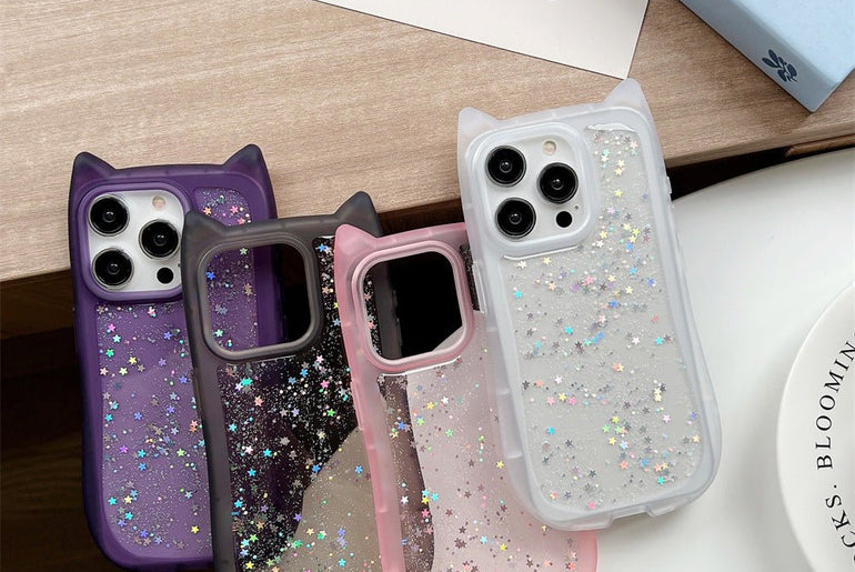 New Three - dimensional Cat Ears Epoxy Glitter Phone Case - Urban Mart