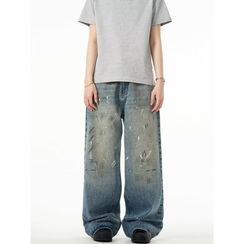 Splash - ink Jeans Men's Retro Washed Distressed Baggy Straight Trousers - Urban Mart