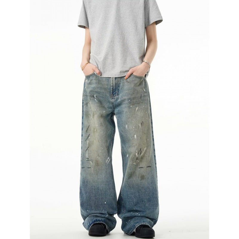 Splash - ink Jeans Men's Retro Washed Distressed Baggy Straight Trousers - Urban Mart