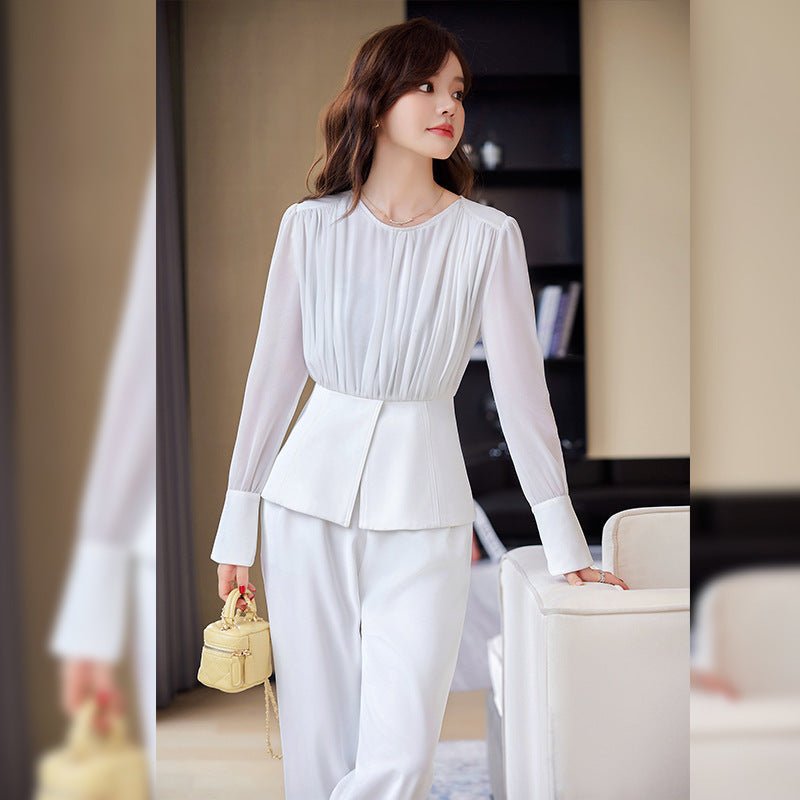 Stitching Ruffle Top Fashionable Wide Leg Pants Suit - Urban Mart