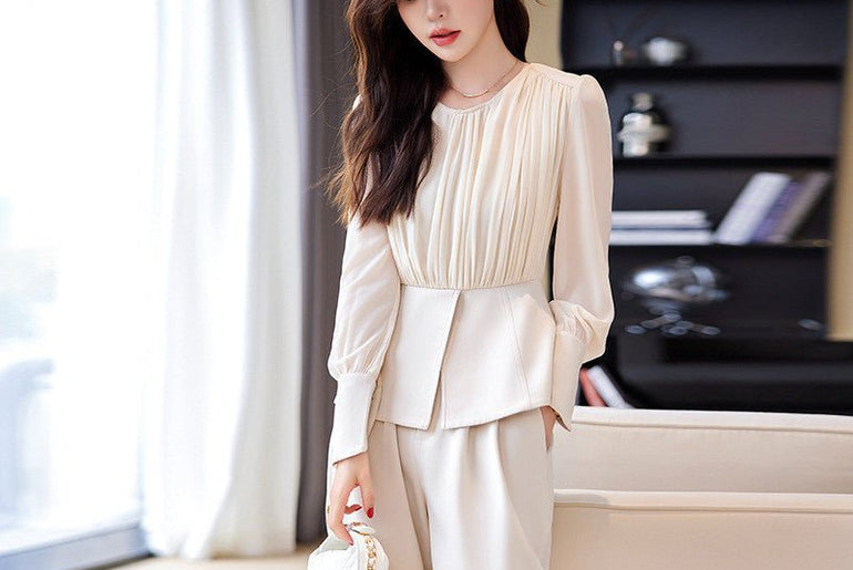 Stitching Ruffle Top Fashionable Wide Leg Pants Suit - Urban Mart