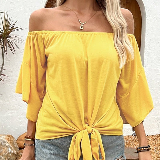 Summer Fall Women's Clothing Solid Color Off - shoulder Casual T-shirt Top - Urban Mart