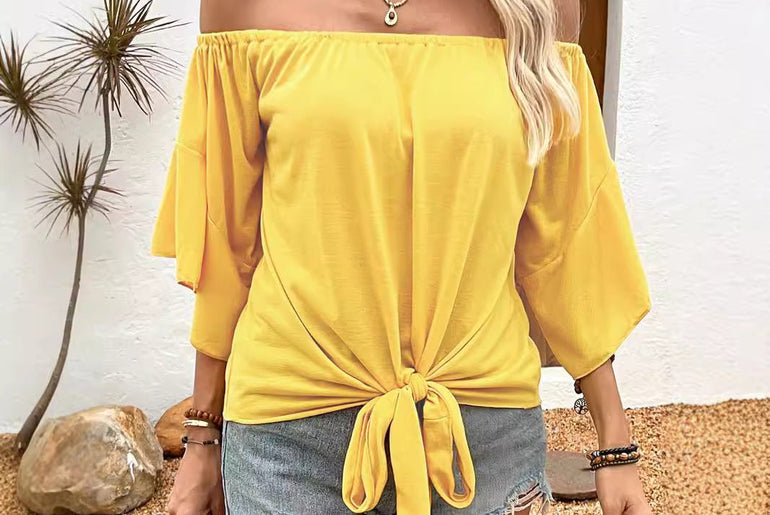 Summer Fall Women's Clothing Solid Color Off - shoulder Casual T-shirt Top - Urban Mart