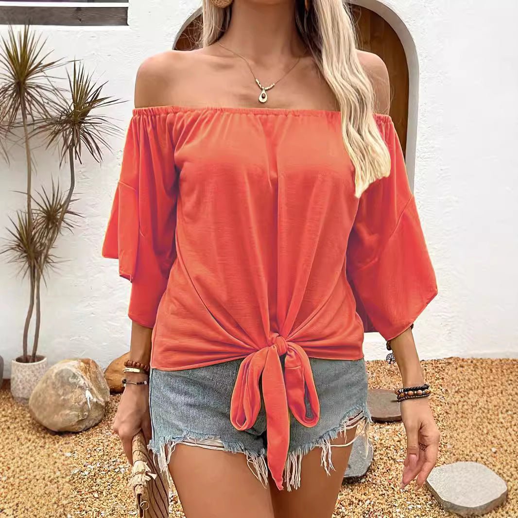 Summer Fall Women's Clothing Solid Color Off - shoulder Casual T-shirt Top - Urban Mart