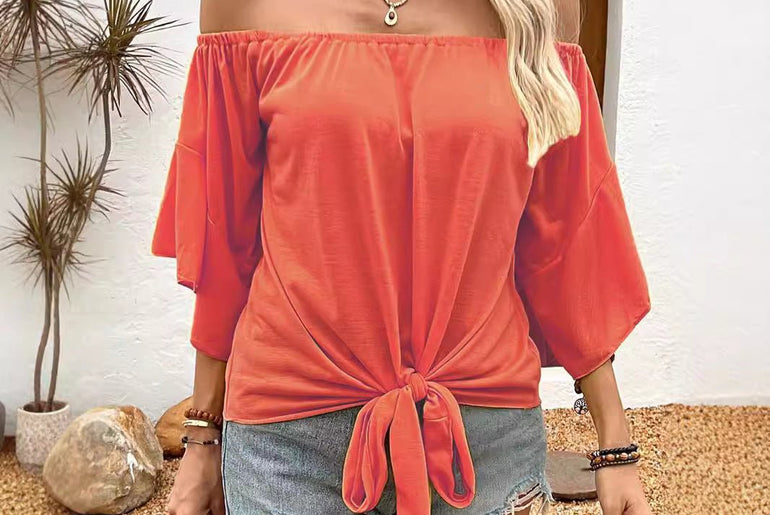 Summer Fall Women's Clothing Solid Color Off - shoulder Casual T-shirt Top - Urban Mart